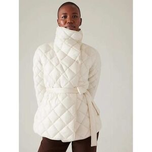 Athleta Whisper Featherless Quilted Jacket White Large Petite LP {Missing Belt}